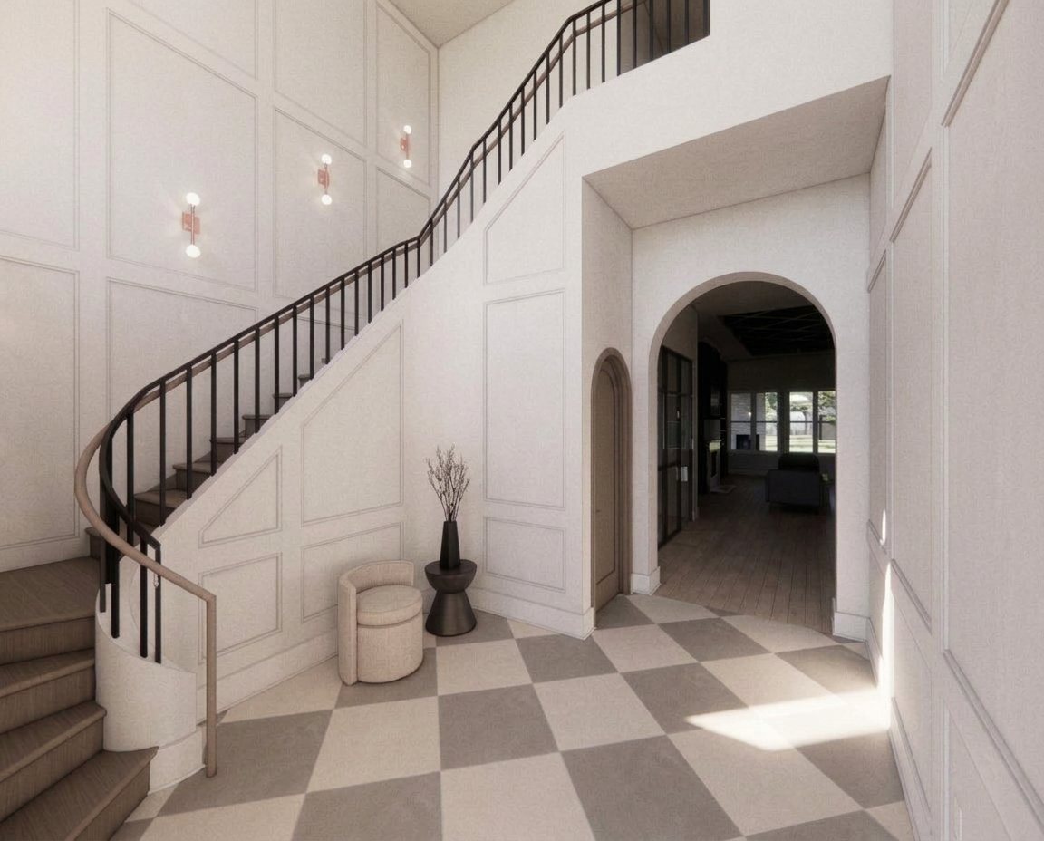 Double-height foyer with a curved staircase, black iron railing, full-height wall paneling, arched doorways, and a checkerboard stone floor