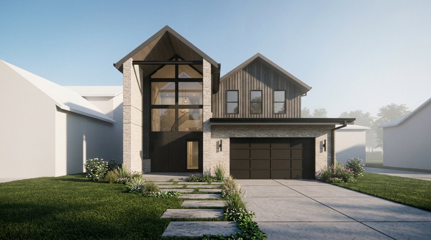 Highland Residence front elevation with a double-height glazed entry gable and limewashed brick