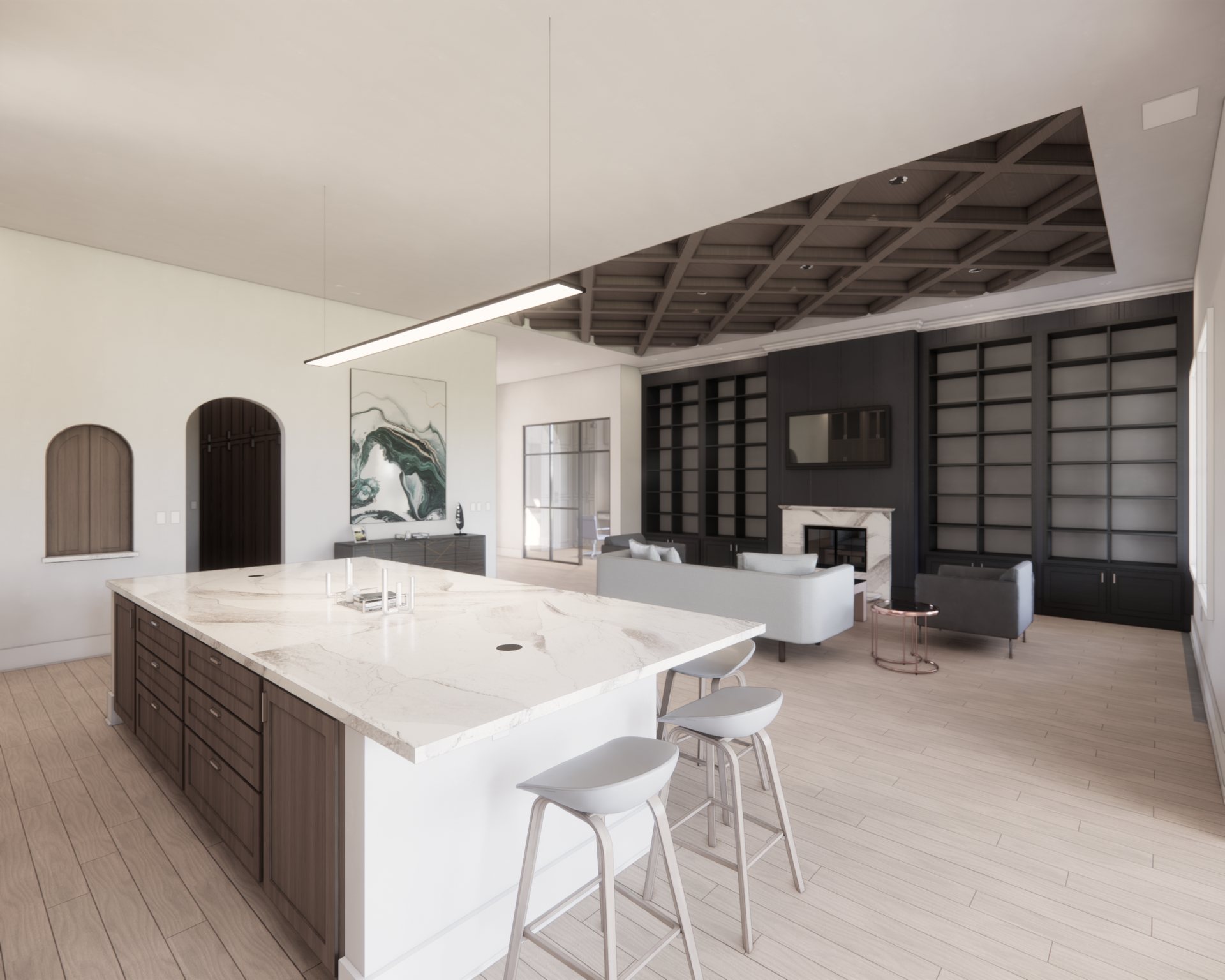 Great room with a dark coffered wood ceiling, charcoal built-in bookshelves flanking a marble fireplace, and a steel-framed glass partition