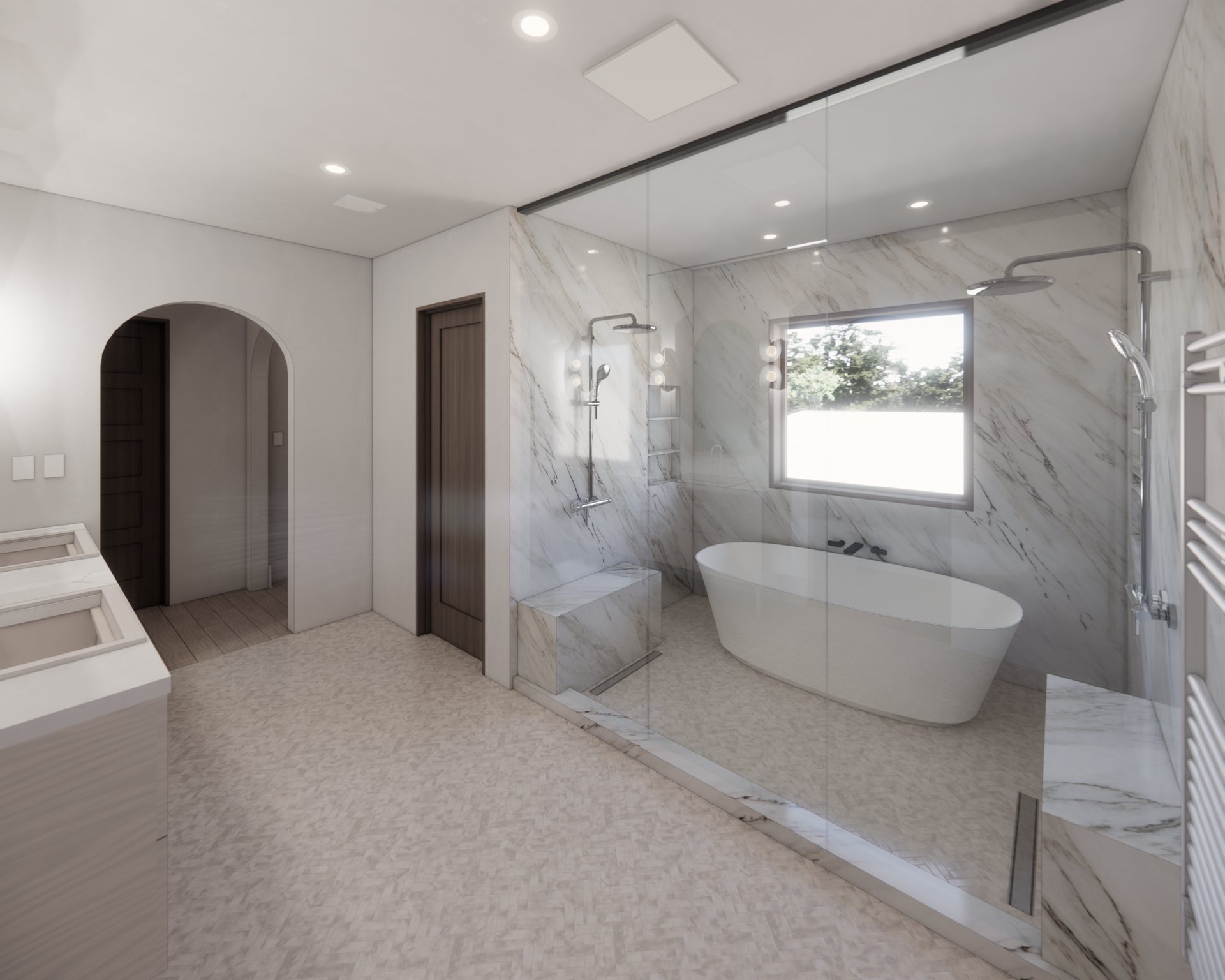 Primary bathroom with a glass-enclosed marble wet room, freestanding soaking tub, twin rain showers, marble benches, and a herringbone floor