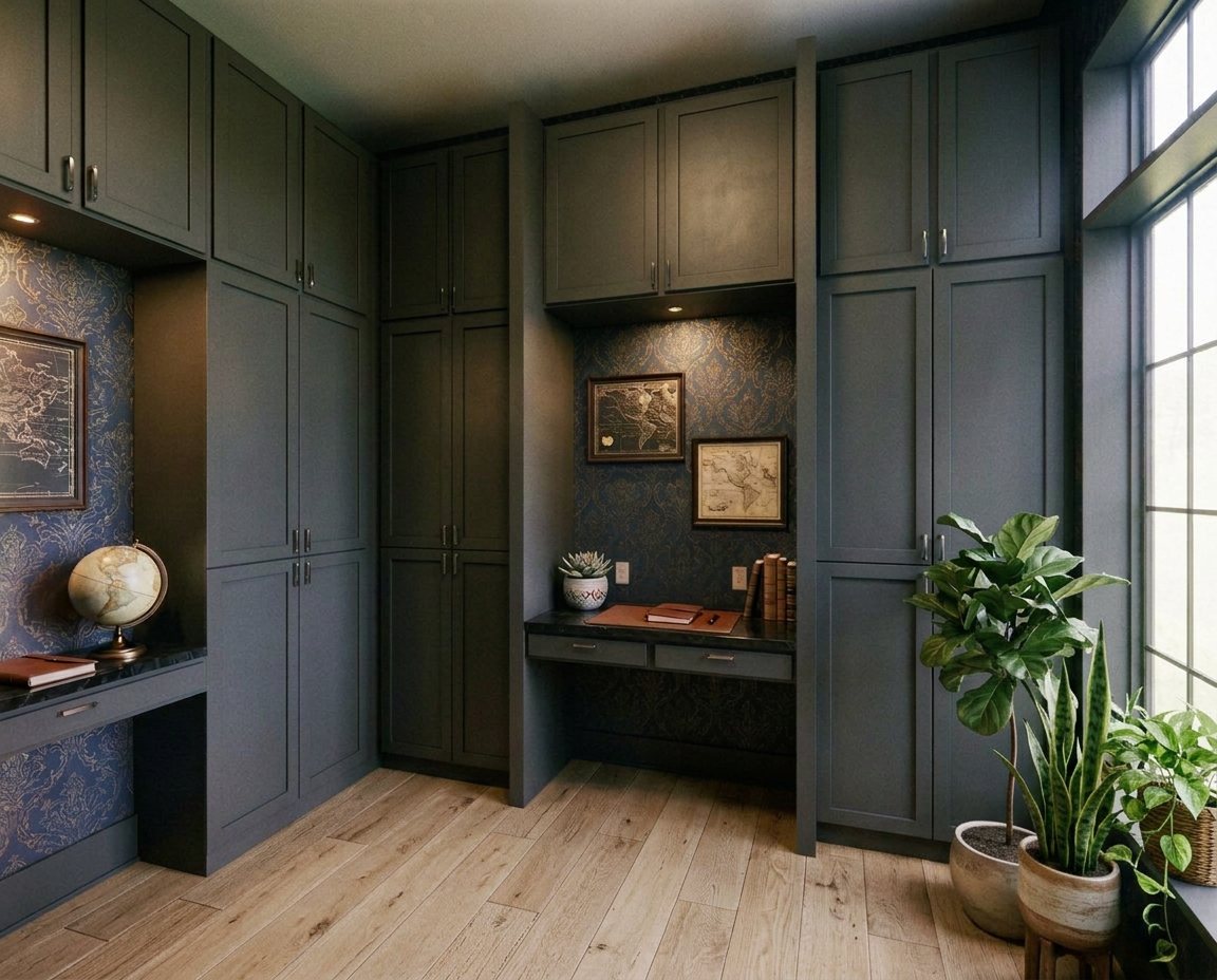 Study with deep slate built-in cabinetry, damask wallpaper niches, and built-in desks beside tall windows