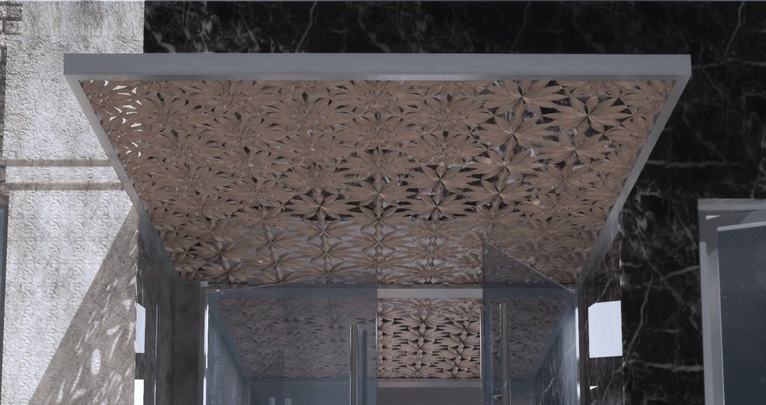 Detail of the carved brass partition lattice pattern overhead