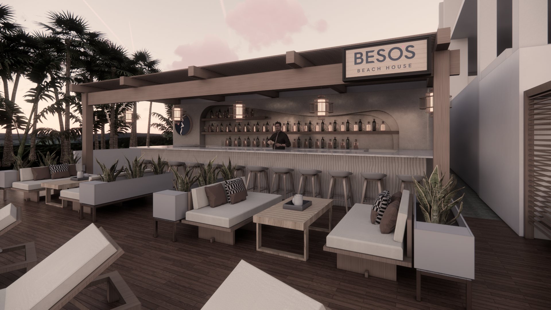 Besos Beach House bar at dusk with a curved plaster back bar, lantern lighting, and lounge seating on a timber deck