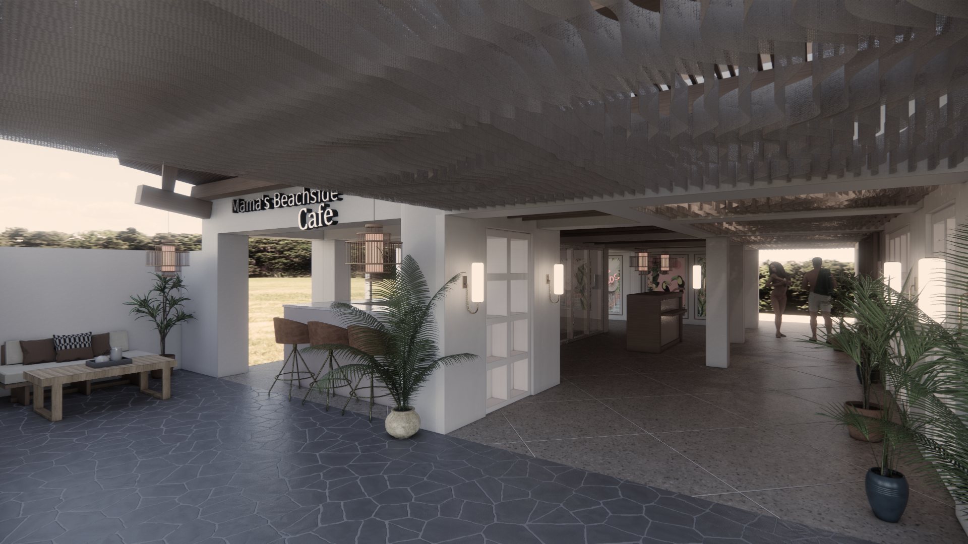 Mama's Beachside Cafe counter beneath a rippling fabric ceiling, with a flagstone patio and open-air walkway