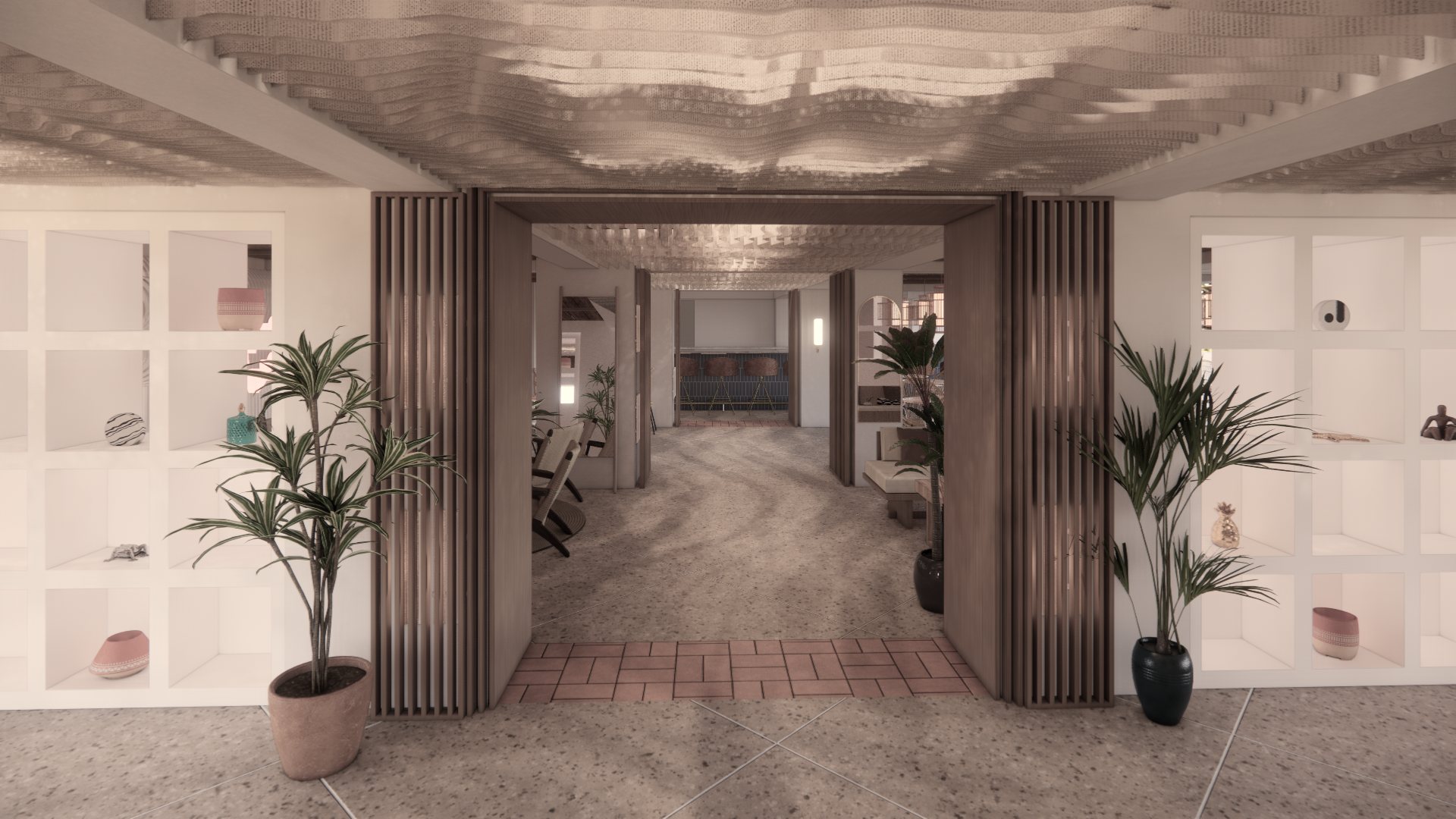 Lia Hotel entry with slatted timber pivot doors, a sculpted fabric ceiling, display niches, and a terracotta brick threshold