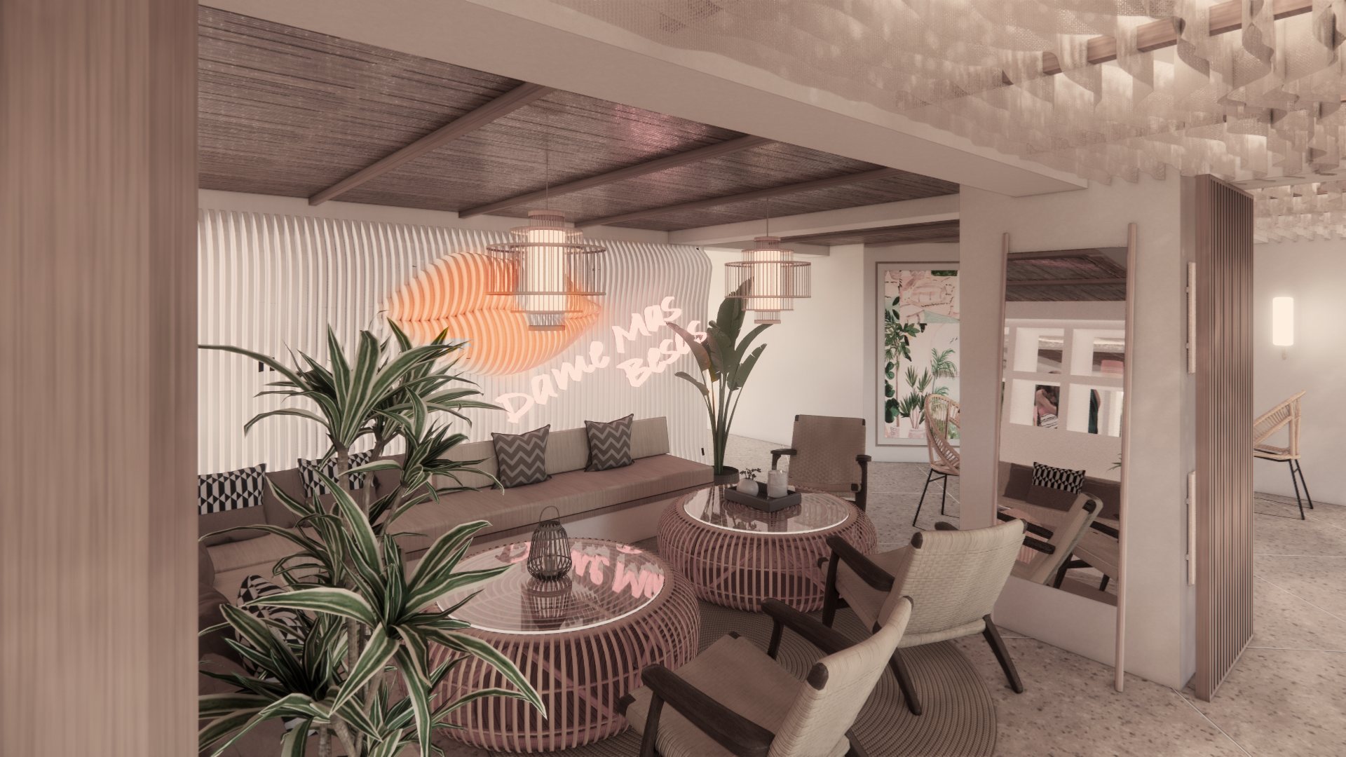 Lounge seating nook with rattan drum tables beneath a glowing neon lips sign reading Dame Más Besos