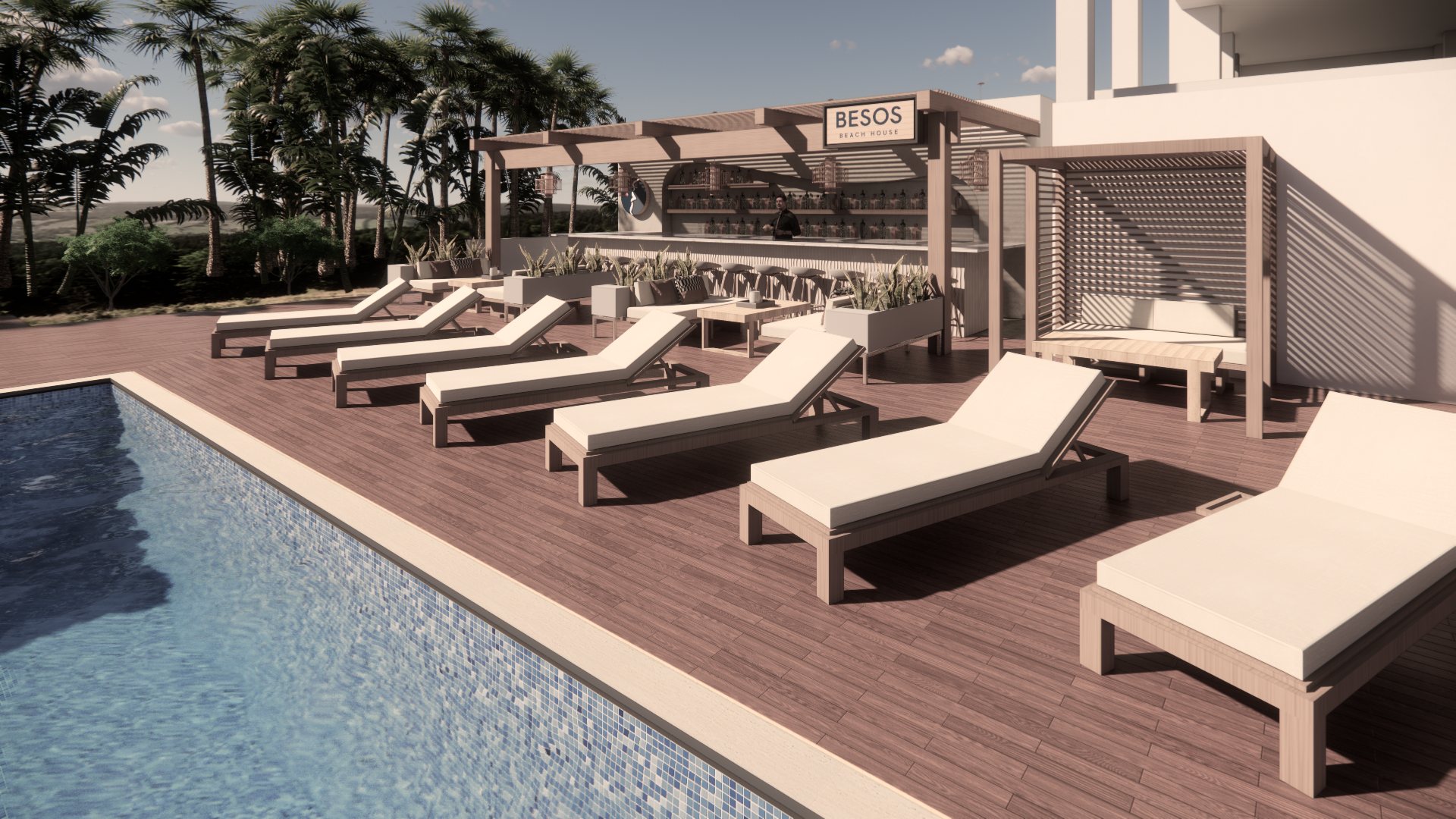 Lia Hotel pool deck with timber loungers and the Besos Beach House bar