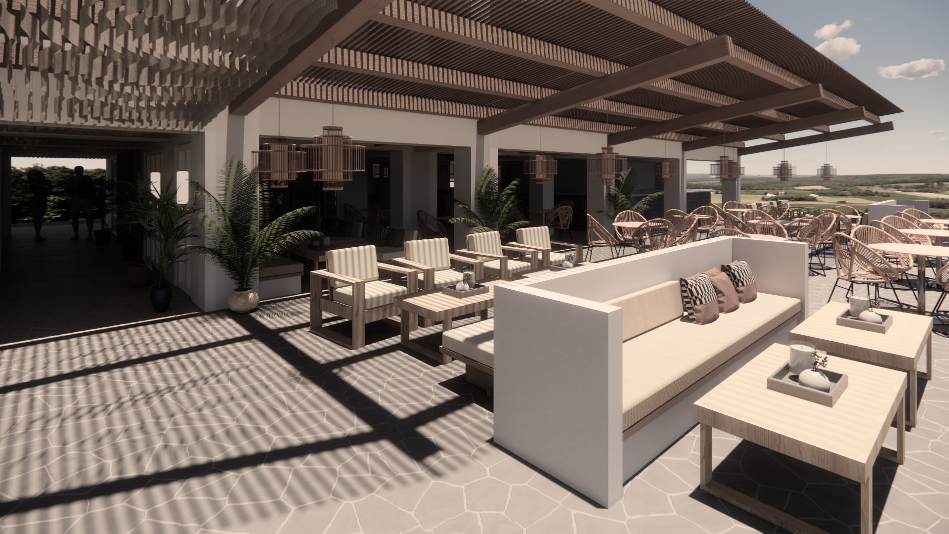 Sunlit terrace with a built-in plaster banquette and striped shadows cast by the slatted pergola roof