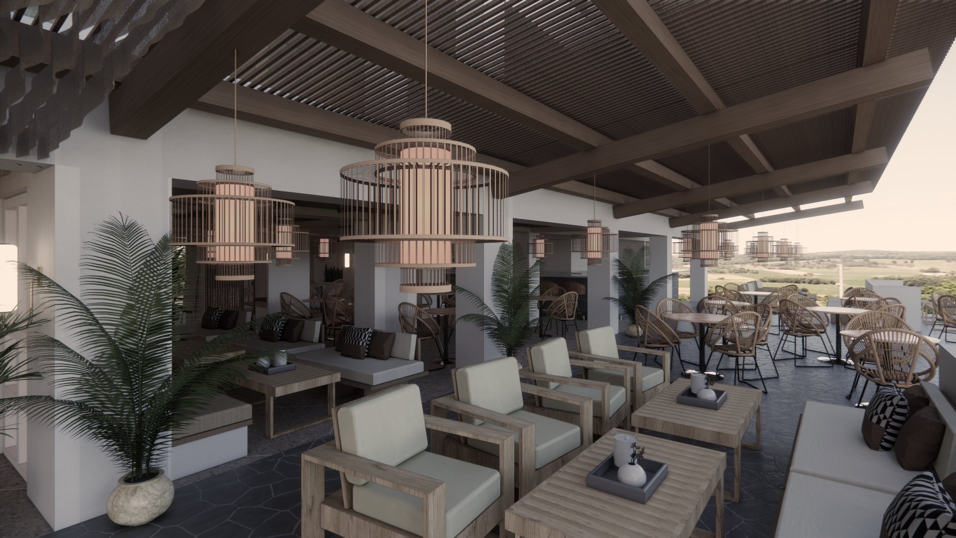 Covered terrace with timber lounge chairs, rattan dining chairs, and tiered bamboo lanterns overlooking green hills