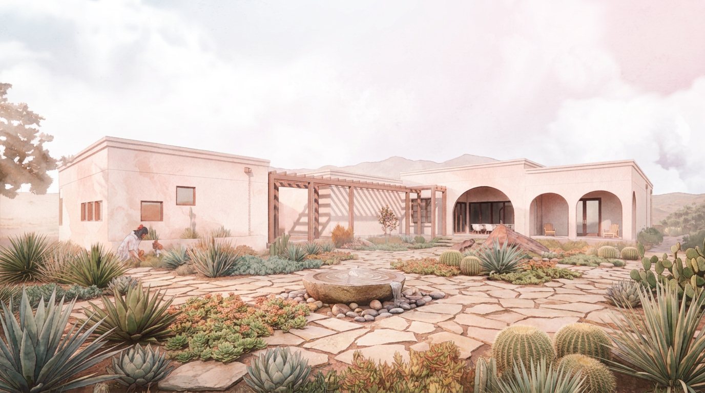 South Mountain Residence courtyard with flagstone, fountain, pergola, and arched loggia