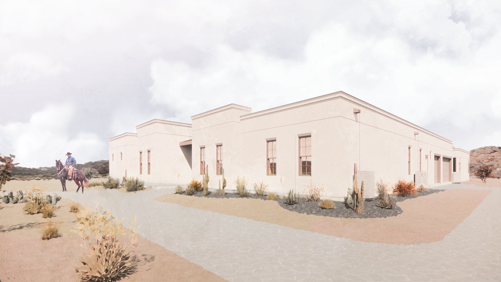 South Mountain Residence street elevation: stepped plaster volumes with parapet cornices, bronze-framed windows, rain chains, and desert landscaping
