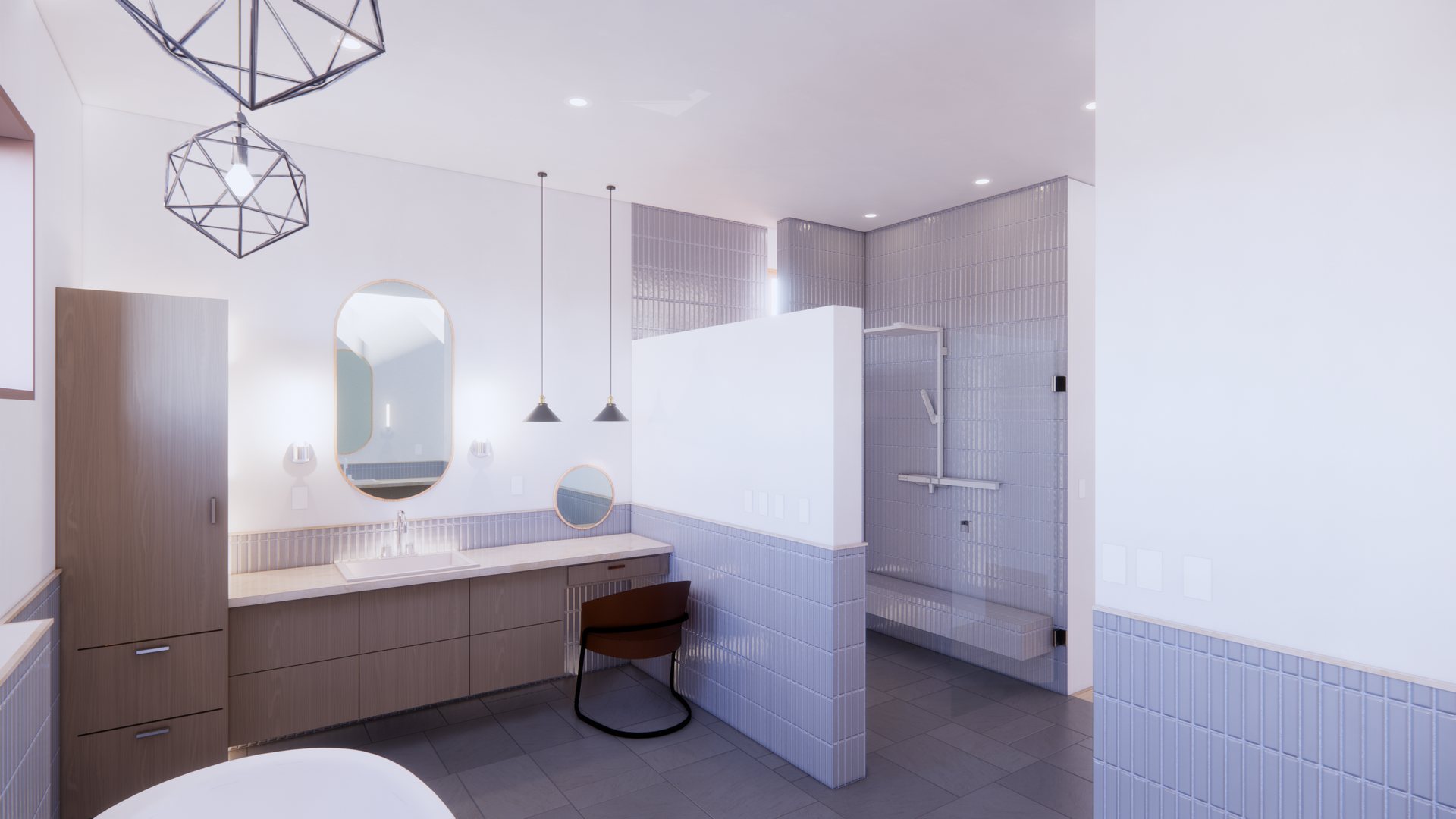 Primary bathroom with a floating wood vanity and makeup desk, capsule mirror, lilac stacked-tile wainscot, and a glass-enclosed shower with bench