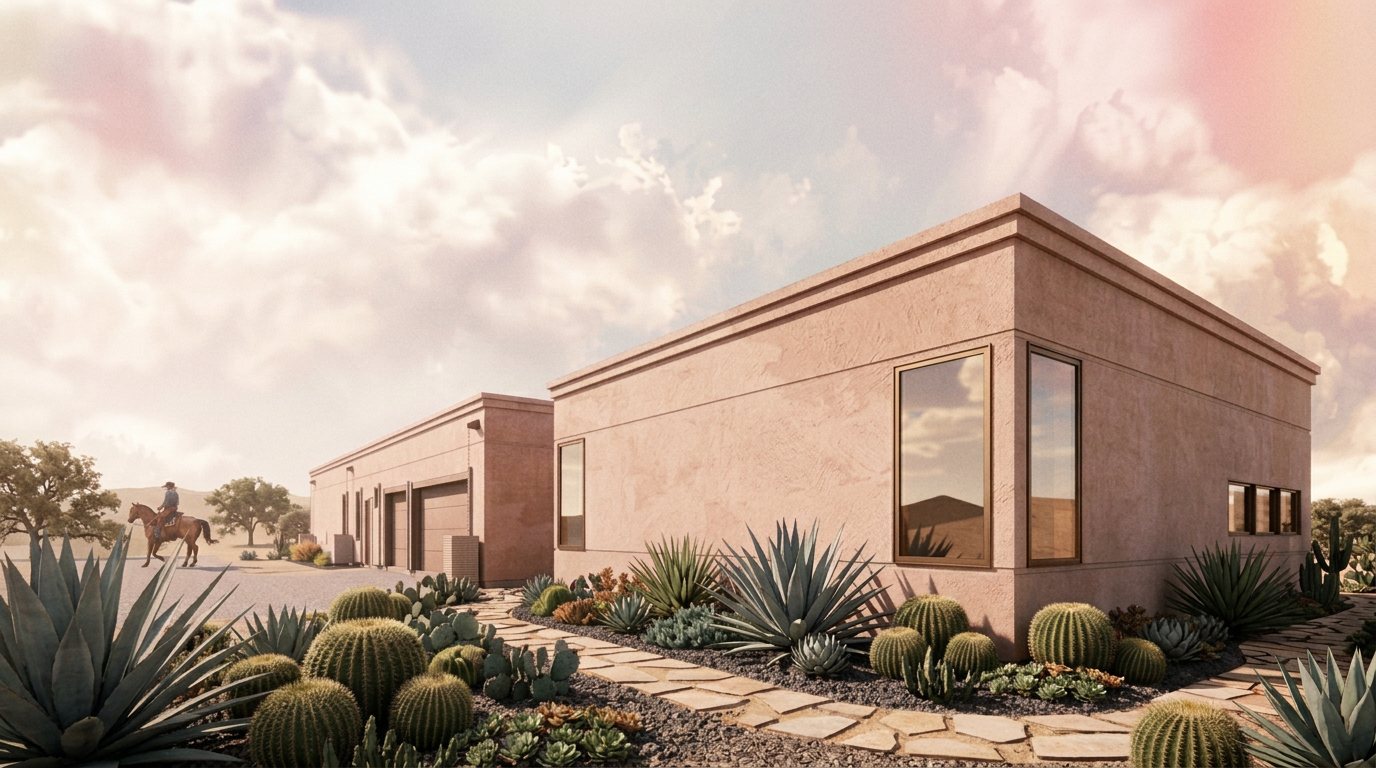 South Mountain Residence in rose-toned plaster with bronze-framed windows and barrel cactus plantings
